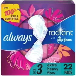 Always Radiant FlexFoam Pads for Women Size 3 with Wings, Scented, 22 Count
