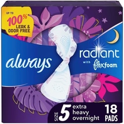 Always Radiant FlexFoam Pads for Women, Size 5, with Wings, Scented, 18 count