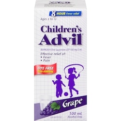 Children's Advil Fever and Pain Relief Ibuprofen Oral Suspension, Dye Free, Grape, 100 mL