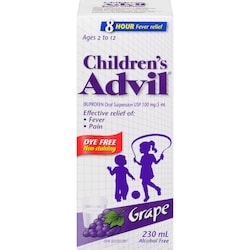 Children's Advil Fever and Pain Relief Ibuprofen Oral Suspension, Dye Free, Grape, 230 mL