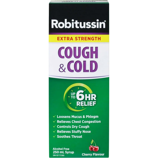 Robitussin Cough & Cold Extra Strength Syrup, Cherry Flavour, 250 mL