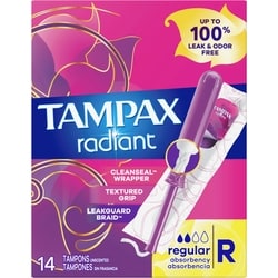 TAMPAX Radiant Tampons Regular Absorbency with BPA-Free Plastic Applicator and LeakGuard Braid, Unscented, 14 Count