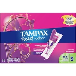 TAMPAX Pocket Radiant Compact Plastic Tampons, With LeakGuard Braid, Super Absorbency, Unscented 28ct