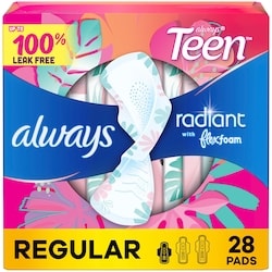 ALWAYS Radiant Teen Pads, Size 1, Regular, with Wings, Unscented, 28 CT