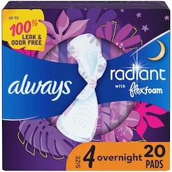 Always Radiant FlexFoam Pads for Women, Size 4, Overnight Absorbency,  with Wings, Scented, 20 count