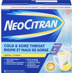 NeoCitran Cold & Sore Throat Night Hot Liquid Medication Regular Strength Lemon 10 pack