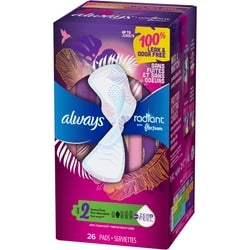 Always Radiant FlexFoam Pads  Size 2, Heavy Flow Absorbency, with Wings, Scented, 26 Count