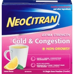 NeoCitran Cold & Congestion Hot Liquid Medication Non-Drowsy Extra Strength Lemon 10 pack