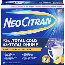 Neocitran Extra Strength Total Cold Night Hot Liquid Medication, Honey Lemon, 10 pack