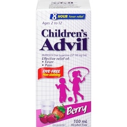 Children's Advil Fever and Pain Relief Ibuprofen Oral Suspension, Dye Free, Berry, 100 mL